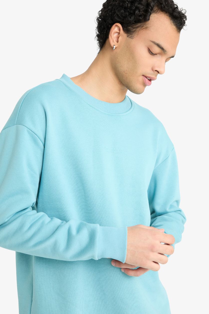 Erkek Yeşil Boxy Fit Bisiklet Yaka İçi Yumuşak Tüylü Baskılı Sweatshirt