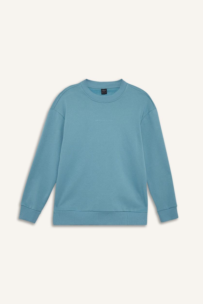 Erkek Yeşil Boxy Fit Bisiklet Yaka İçi Yumuşak Tüylü Baskılı Sweatshirt