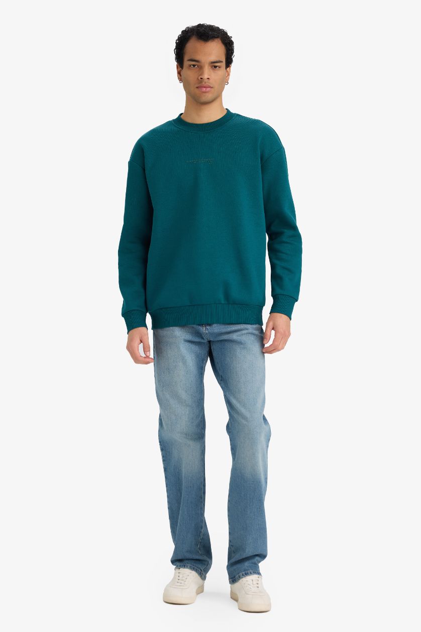 Erkek Yeşil Boxy Fit Bisiklet Yaka İçi Yumuşak Tüylü Baskılı Sweatshirt