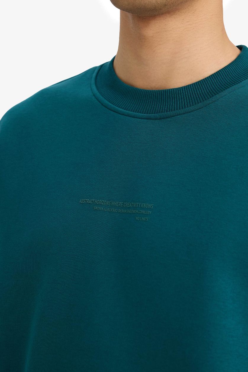 Erkek Yeşil Boxy Fit Bisiklet Yaka İçi Yumuşak Tüylü Baskılı Sweatshirt