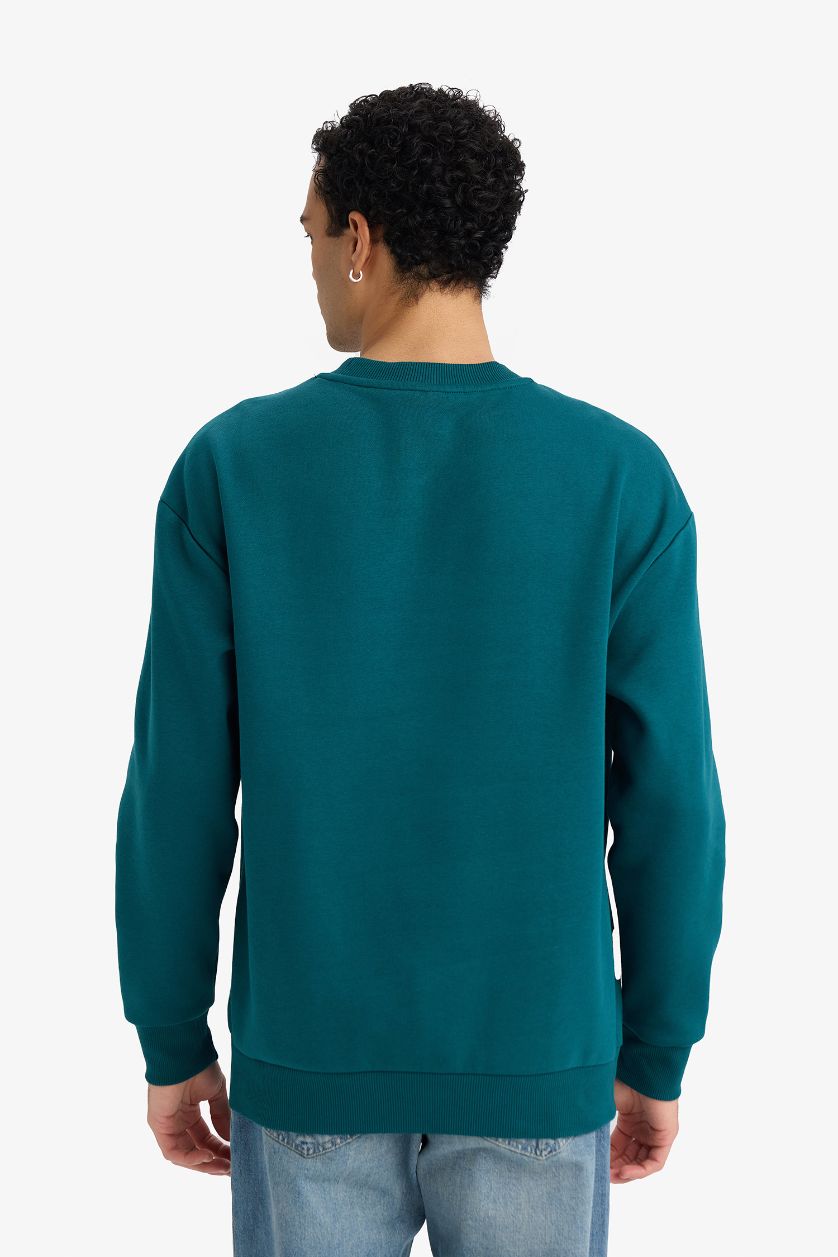 Erkek Yeşil Boxy Fit Bisiklet Yaka İçi Yumuşak Tüylü Baskılı Sweatshirt