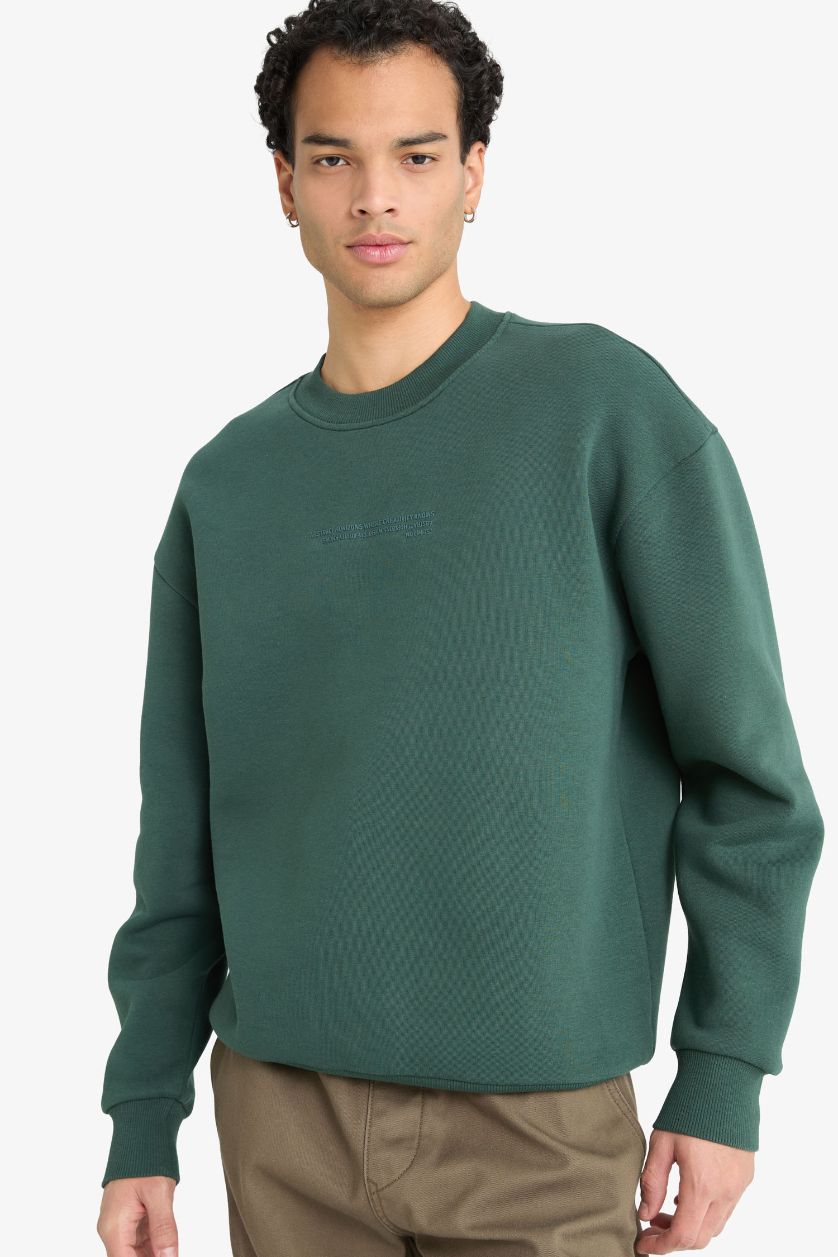 Erkek Koyu Yeşil Boxy Fit Bisiklet Yaka İçi Yumuşak Tüylü Baskılı Sweatshirt