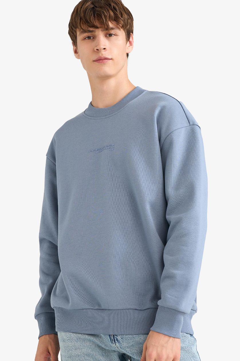 Erkek Gri Boxy Fit Bisiklet Yaka İçi Yumuşak Tüylü Baskılı Sweatshirt