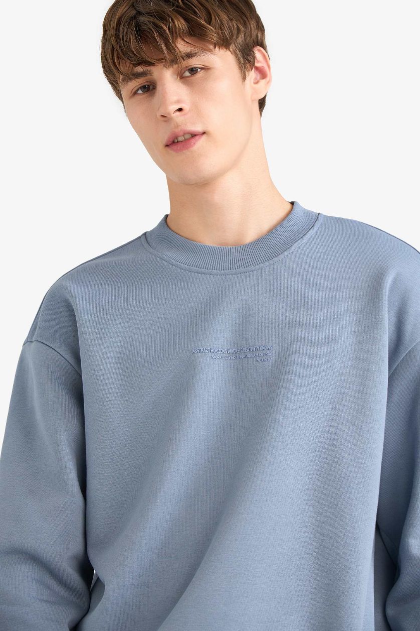 Erkek Gri Boxy Fit Bisiklet Yaka İçi Yumuşak Tüylü Baskılı Sweatshirt