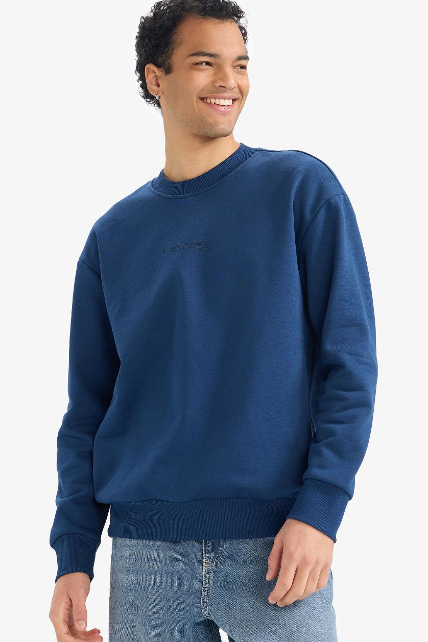 Erkek İndigo Boxy Fit Bisiklet Yaka İçi Yumuşak Tüylü Baskılı Sweatshirt