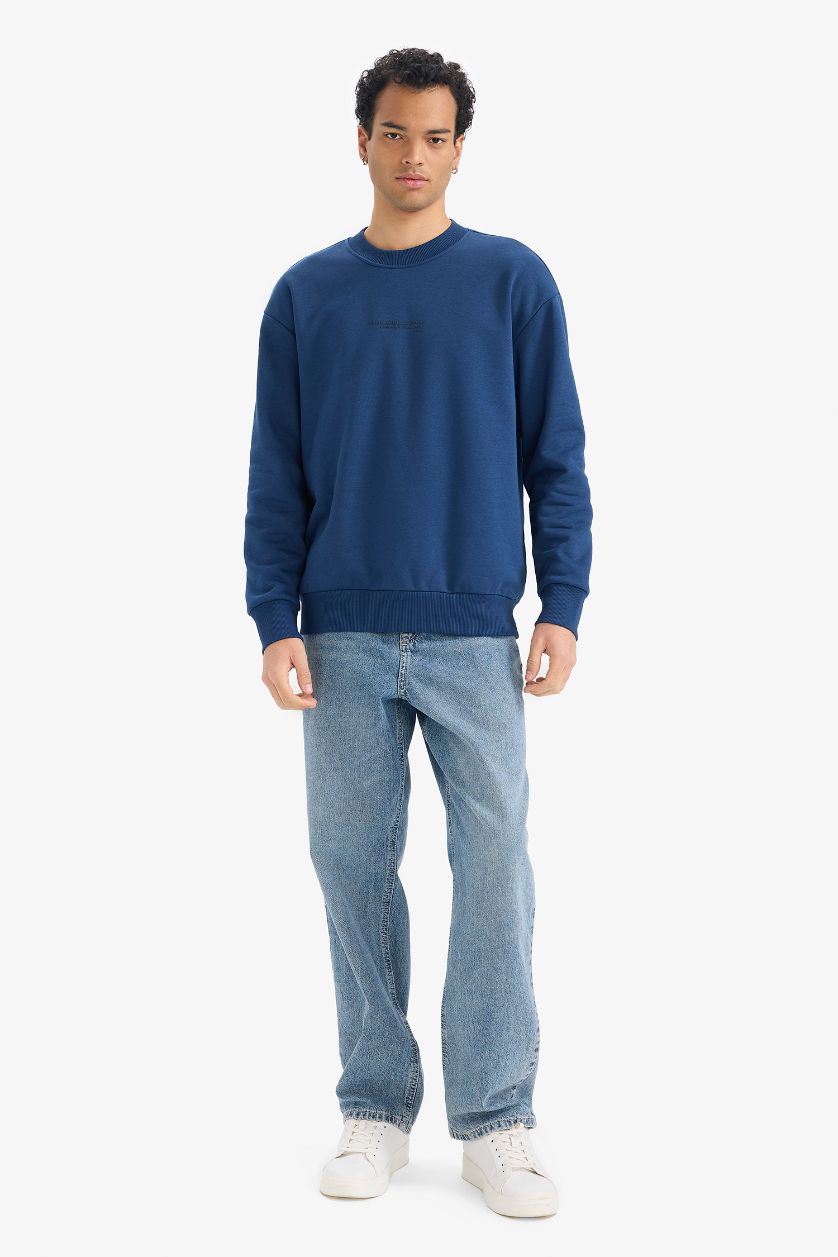 Erkek İndigo Boxy Fit Bisiklet Yaka İçi Yumuşak Tüylü Baskılı Sweatshirt