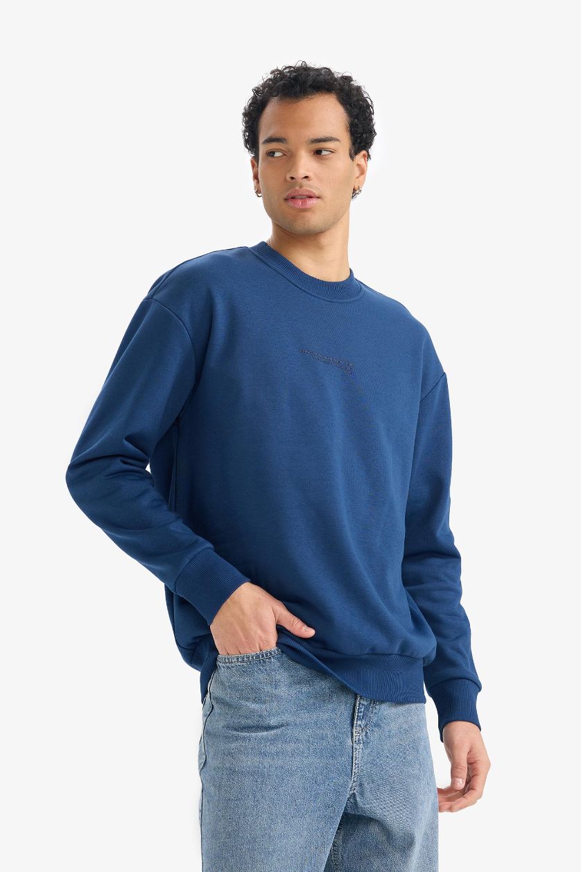 Erkek İndigo Boxy Fit Bisiklet Yaka İçi Yumuşak Tüylü Baskılı Sweatshirt
