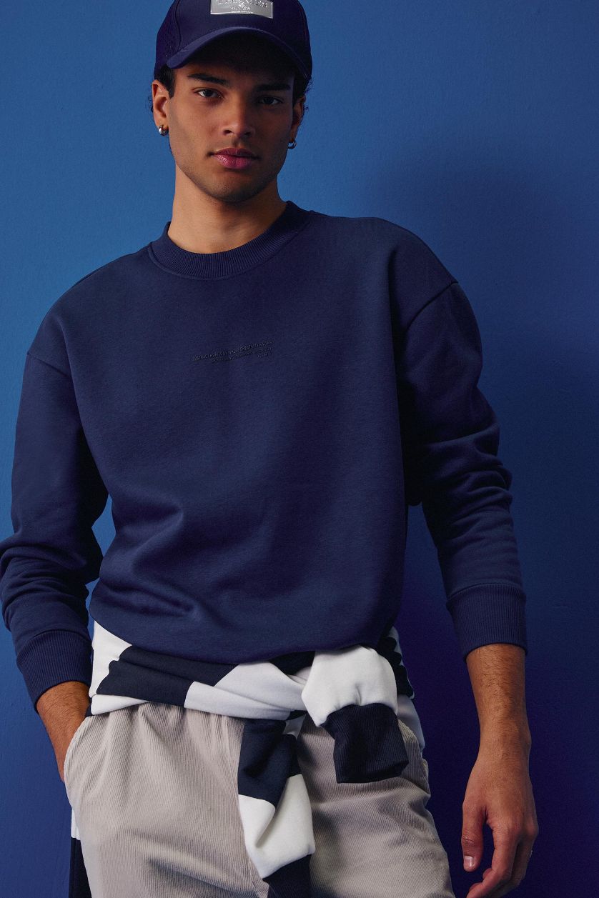 Erkek Lacivert Boxy Fit Bisiklet Yaka İçi Yumuşak Tüylü Baskılı Sweatshirt