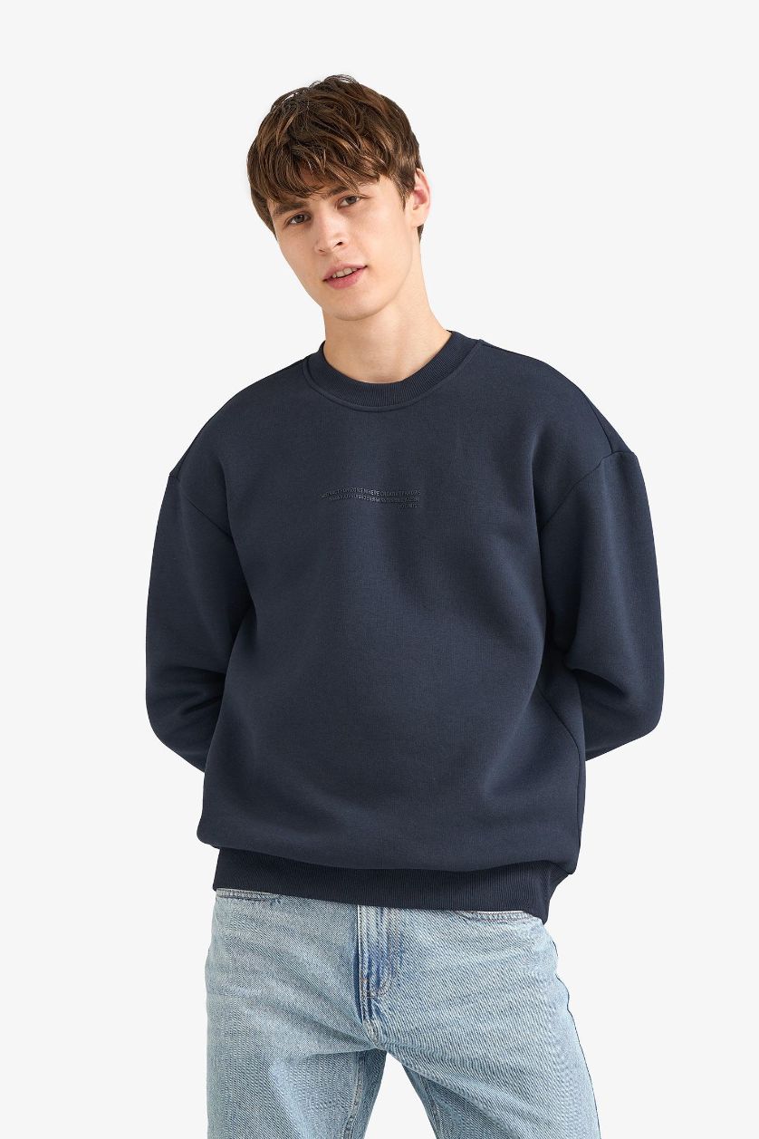 Erkek Lacivert Boxy Fit Bisiklet Yaka İçi Yumuşak Tüylü Baskılı Sweatshirt