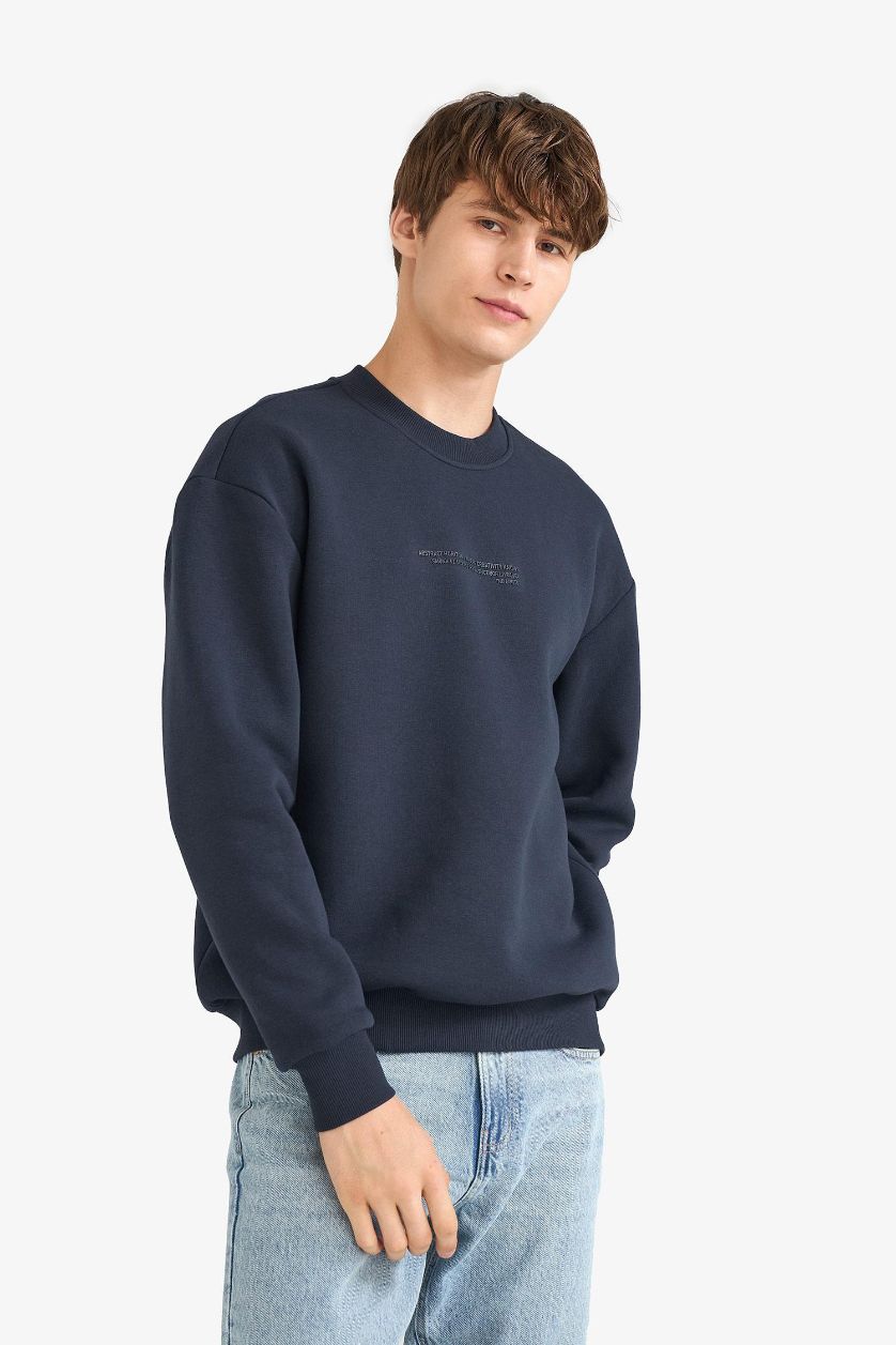 Erkek Lacivert Boxy Fit Bisiklet Yaka İçi Yumuşak Tüylü Baskılı Sweatshirt