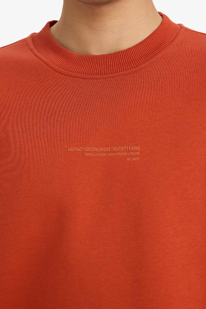 رجالي برتقلي غامق سويت شيرت مطبوع اوفر سايز برقبة مستديرة