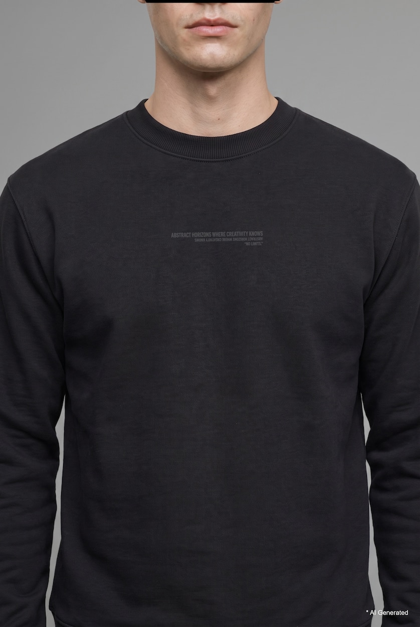 MESHKUJ Black Boxy Fit Printed Crew Neck Sweatshirt