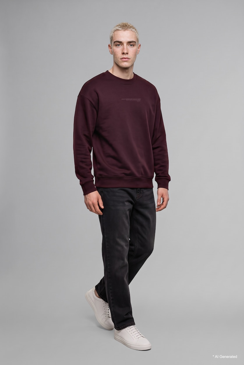MAN Dark Bordeaux Boxy Fit Printed Crew Neck Sweatshirt