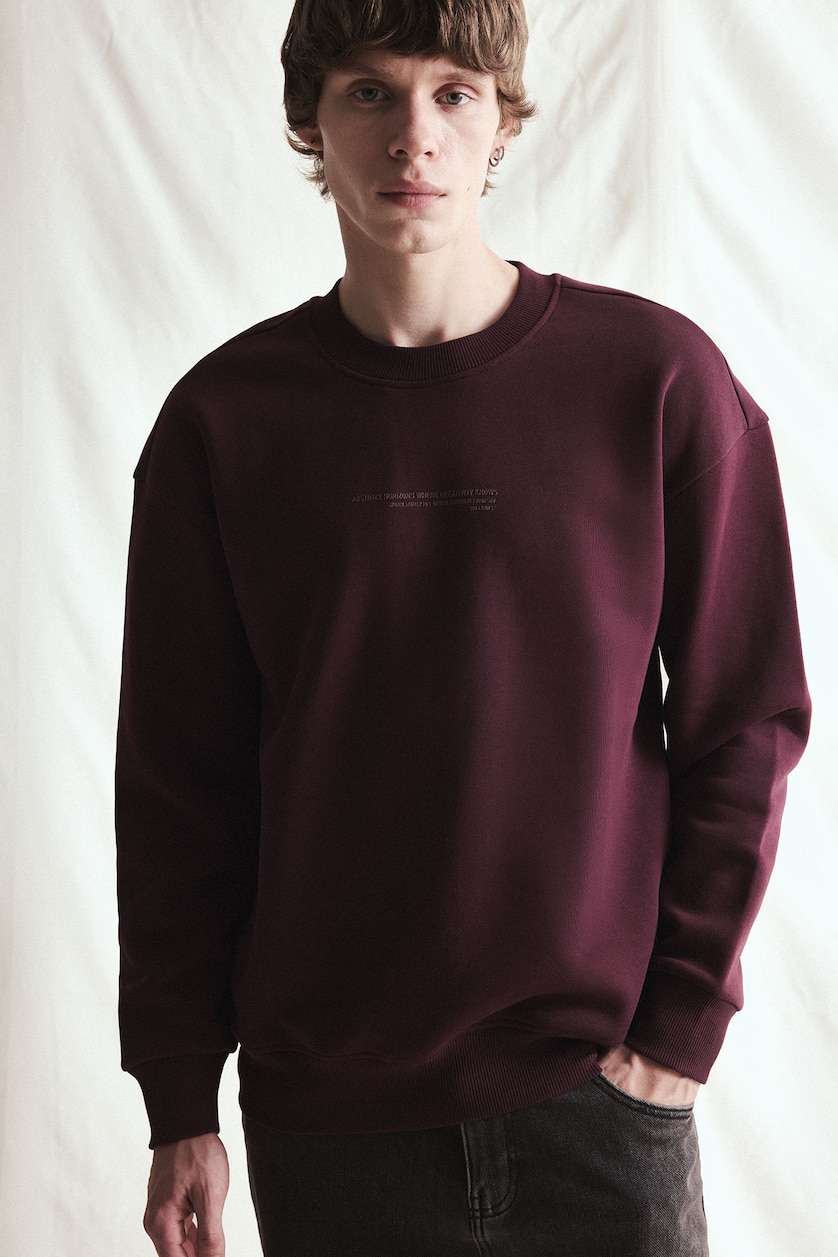 MESHKUJ Dark Bordeaux Boxy Fit Cotton Printed Fleece Lining Sweatshirt