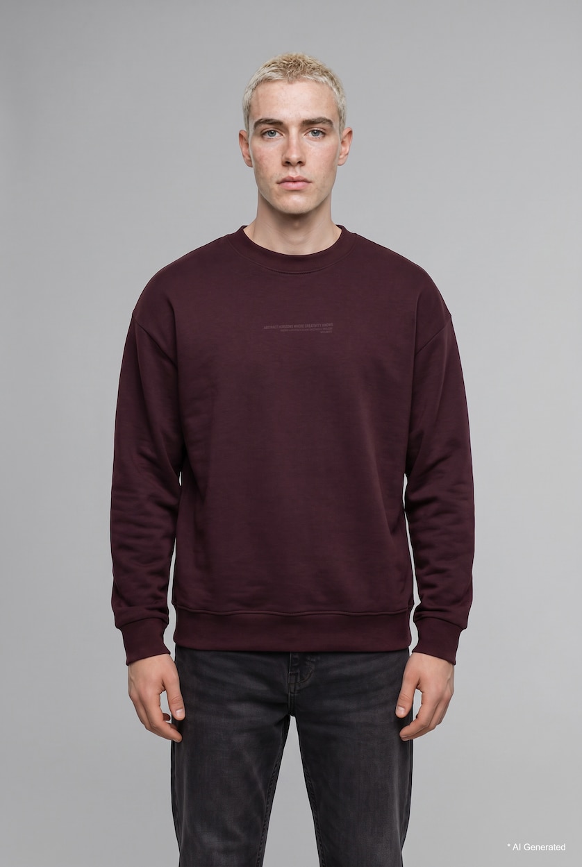 MAN Dark Bordeaux Boxy Fit Printed Crew Neck Sweatshirt