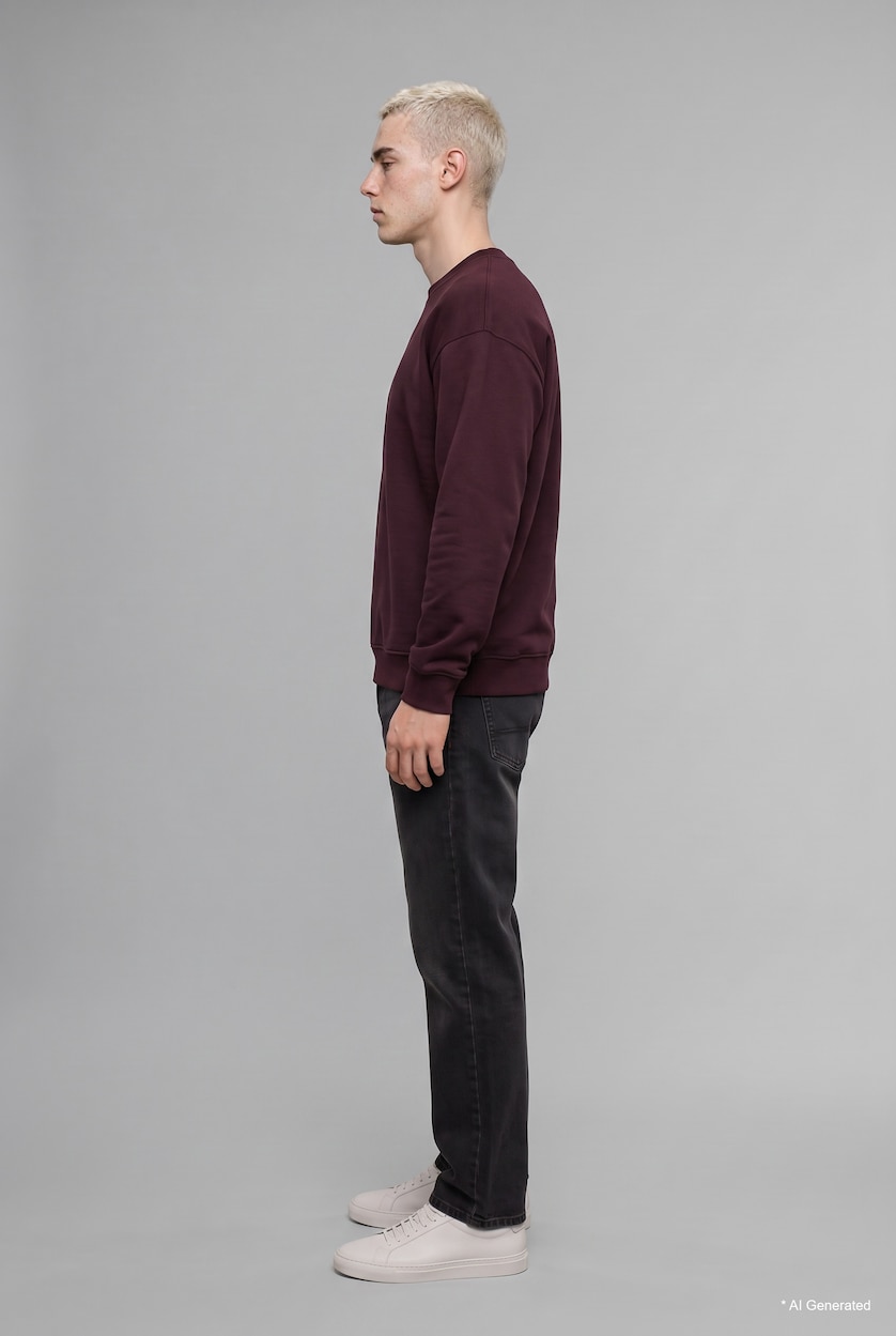 MAN Dark Bordeaux Boxy Fit Printed Crew Neck Sweatshirt