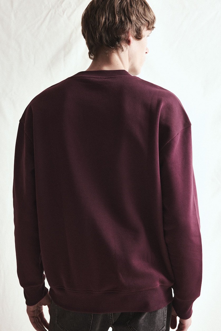 MESHKUJ Dark Bordeaux Boxy Fit Cotton Printed Fleece Lining Sweatshirt