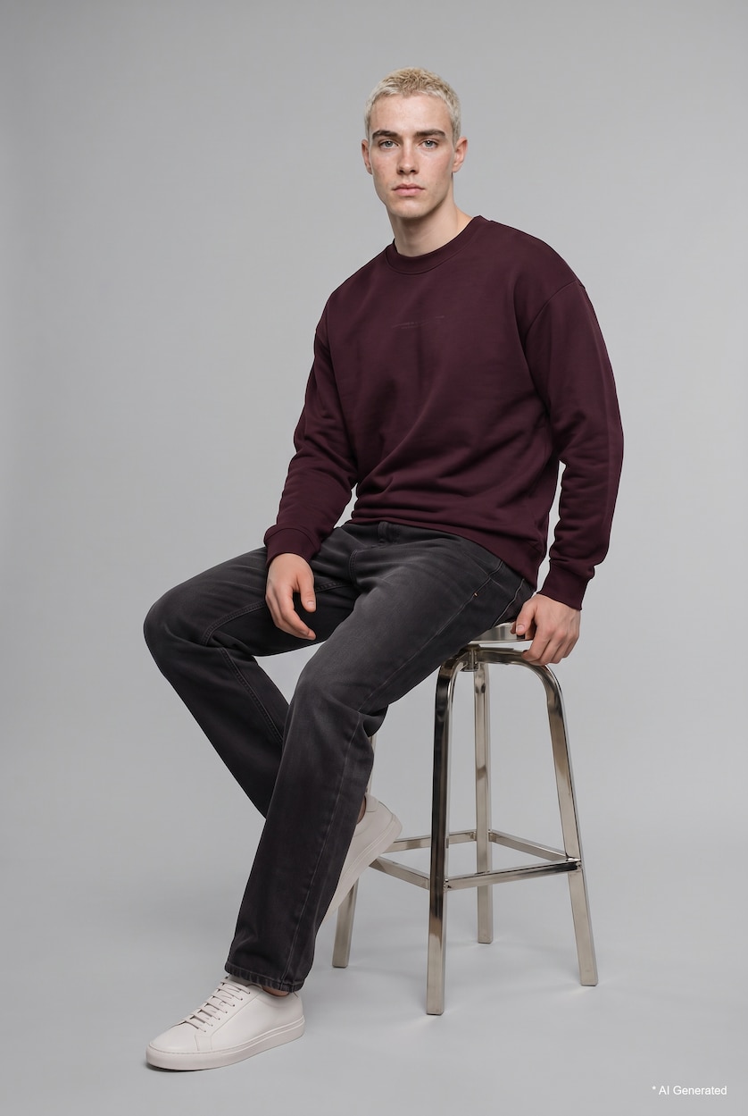 MAN Dark Bordeaux Boxy Fit Printed Crew Neck Sweatshirt