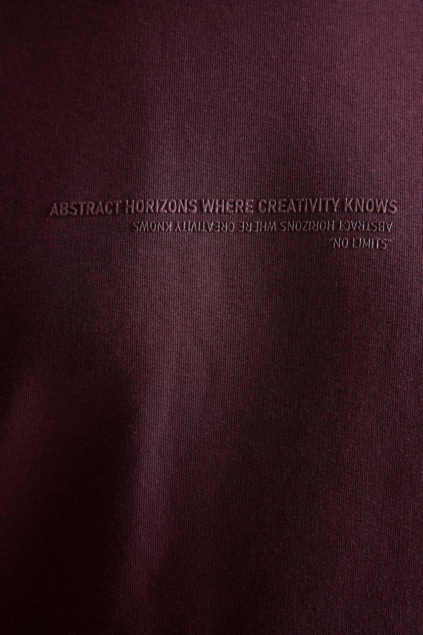 MESHKUJ Dark Bordeaux Boxy Fit Cotton Printed Fleece Lining Sweatshirt
