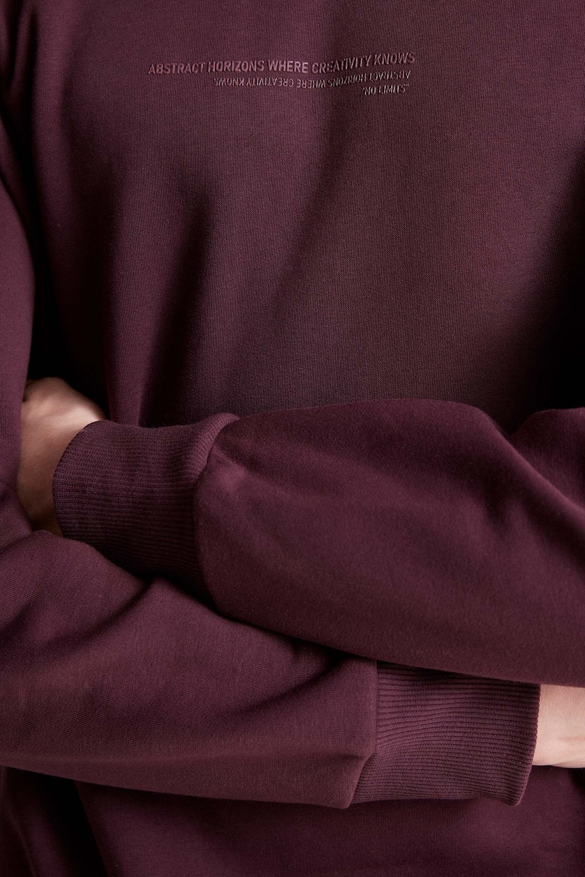 MESHKUJ Dark Bordeaux Boxy Fit Cotton Printed Fleece Lining Sweatshirt