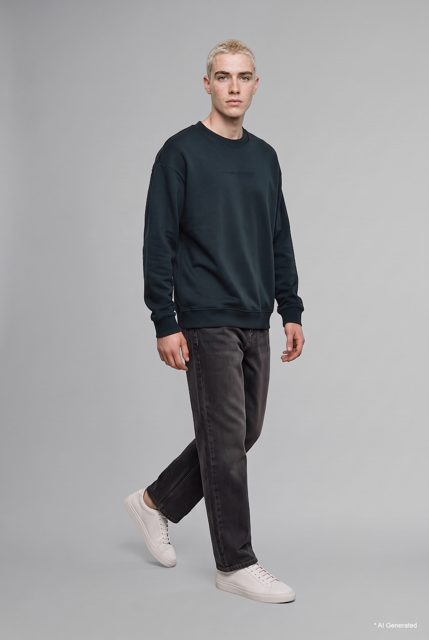 Erkek Koyu Yeşil Boxy Fit Pamuklu Baskılı Sweatshirt
