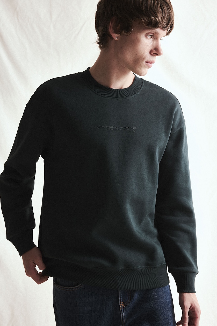 MESHKUJ Dark Green Boxy Fit Cotton Printed Fleece Lining Sweatshirt