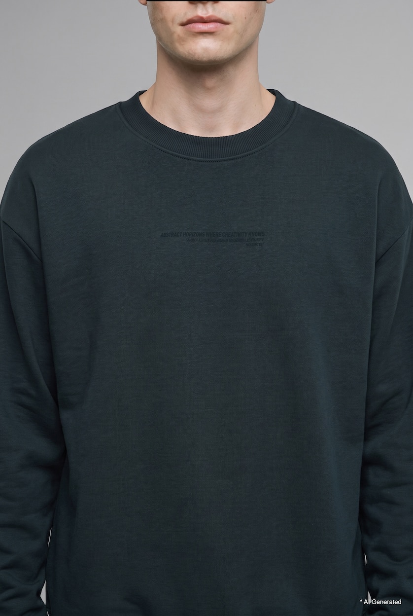 Erkek Koyu Yeşil Boxy Fit Pamuklu Baskılı Sweatshirt