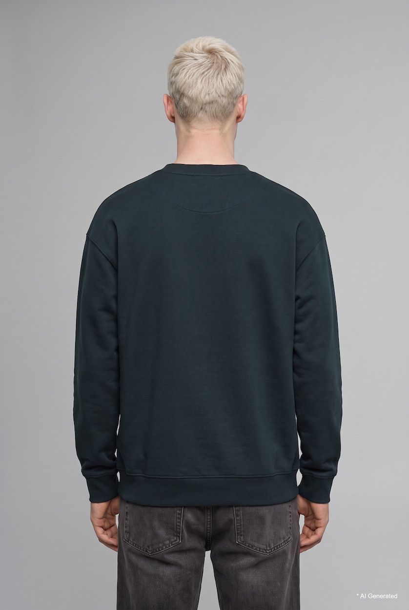 Erkek Koyu Yeşil Boxy Fit Pamuklu Baskılı Sweatshirt