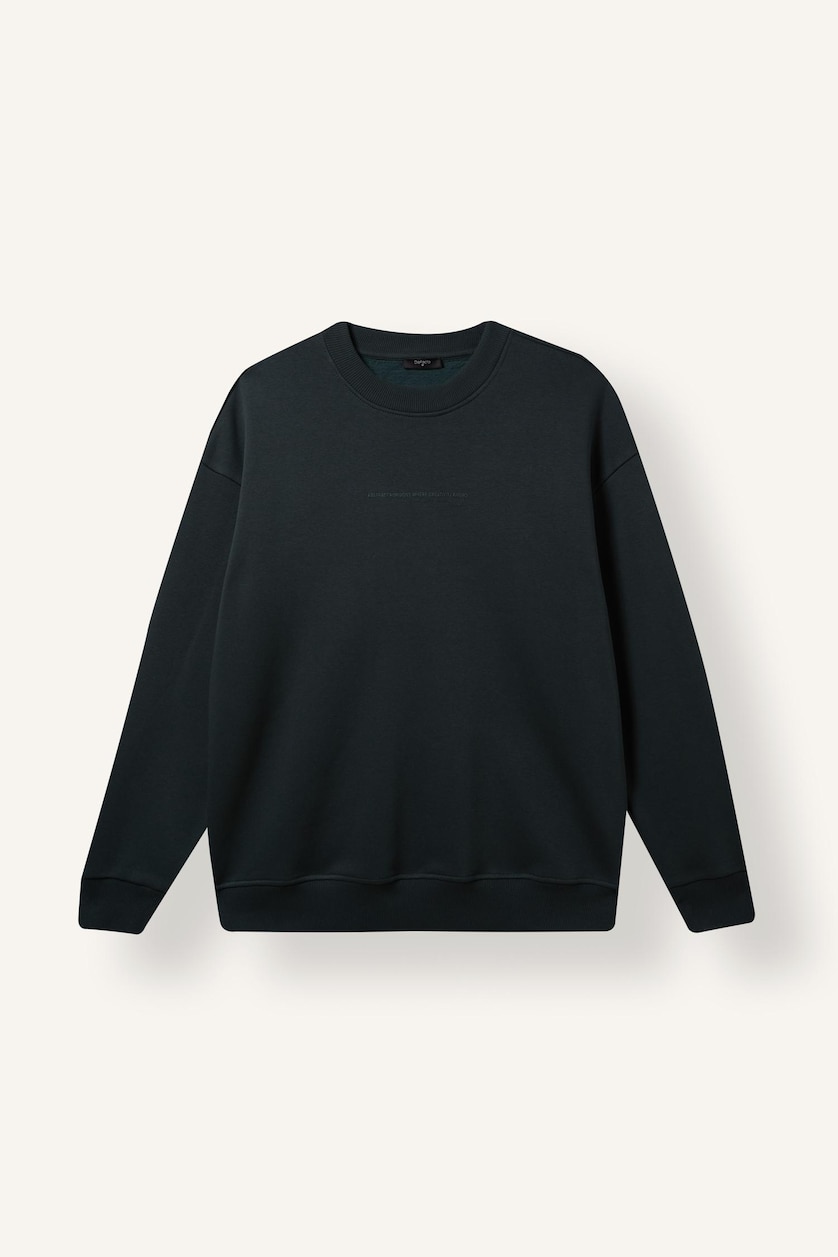 Erkek Koyu Yeşil Boxy Fit Pamuklu Baskılı Sweatshirt