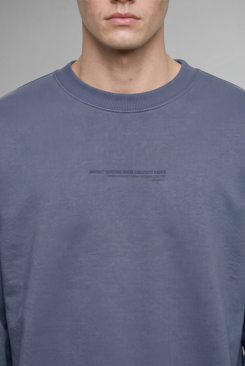 Men Light Indigo Boxy Fit Printed Crew Neck Sweatshirt