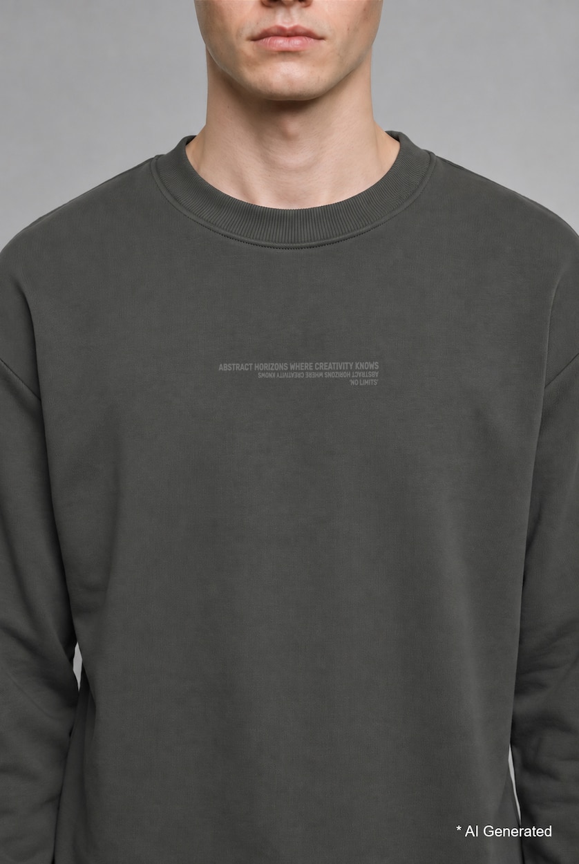 MESHKUJ Khaki Boxy Fit Printed Crew Neck Long Sleeve Sweatshirt