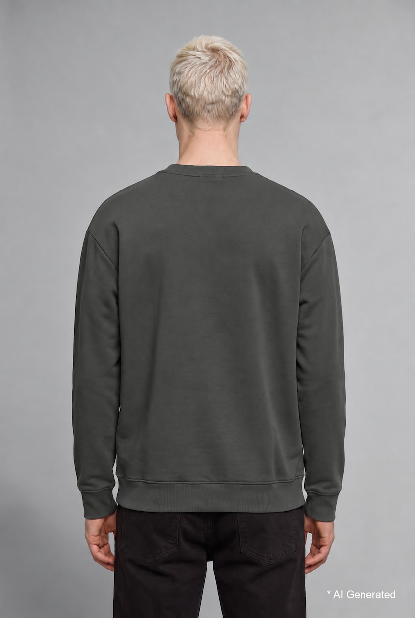 MESHKUJ Khaki Boxy Fit Printed Crew Neck Long Sleeve Sweatshirt