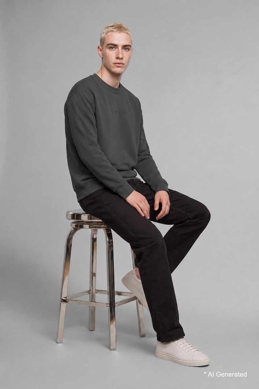 MESHKUJ Khaki Boxy Fit Printed Crew Neck Long Sleeve Sweatshirt
