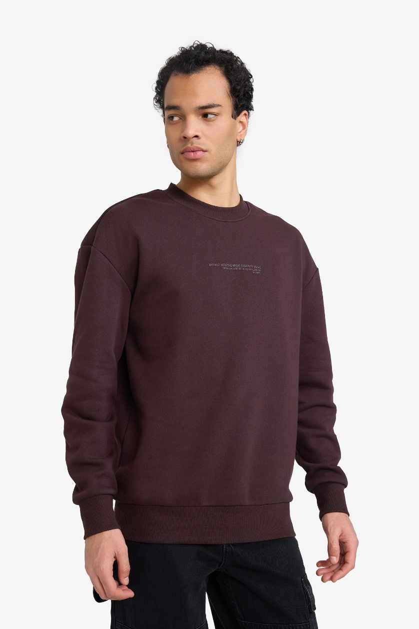 رجال بني سويت شيرت مطبوع أوفر سايز برقبة مستديرة