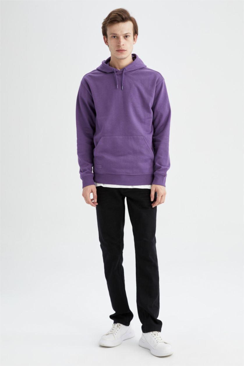 رجالي زهري سويت شيرت بقصة عادية بغطاء للرأس بريش ناعم من الداخل