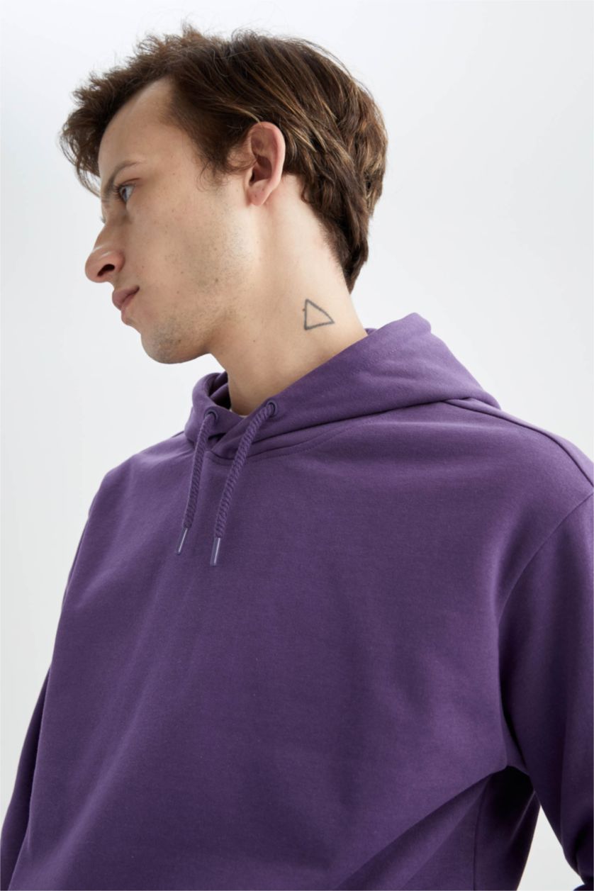 رجالي زهري سويت شيرت بقصة عادية بغطاء للرأس بريش ناعم من الداخل