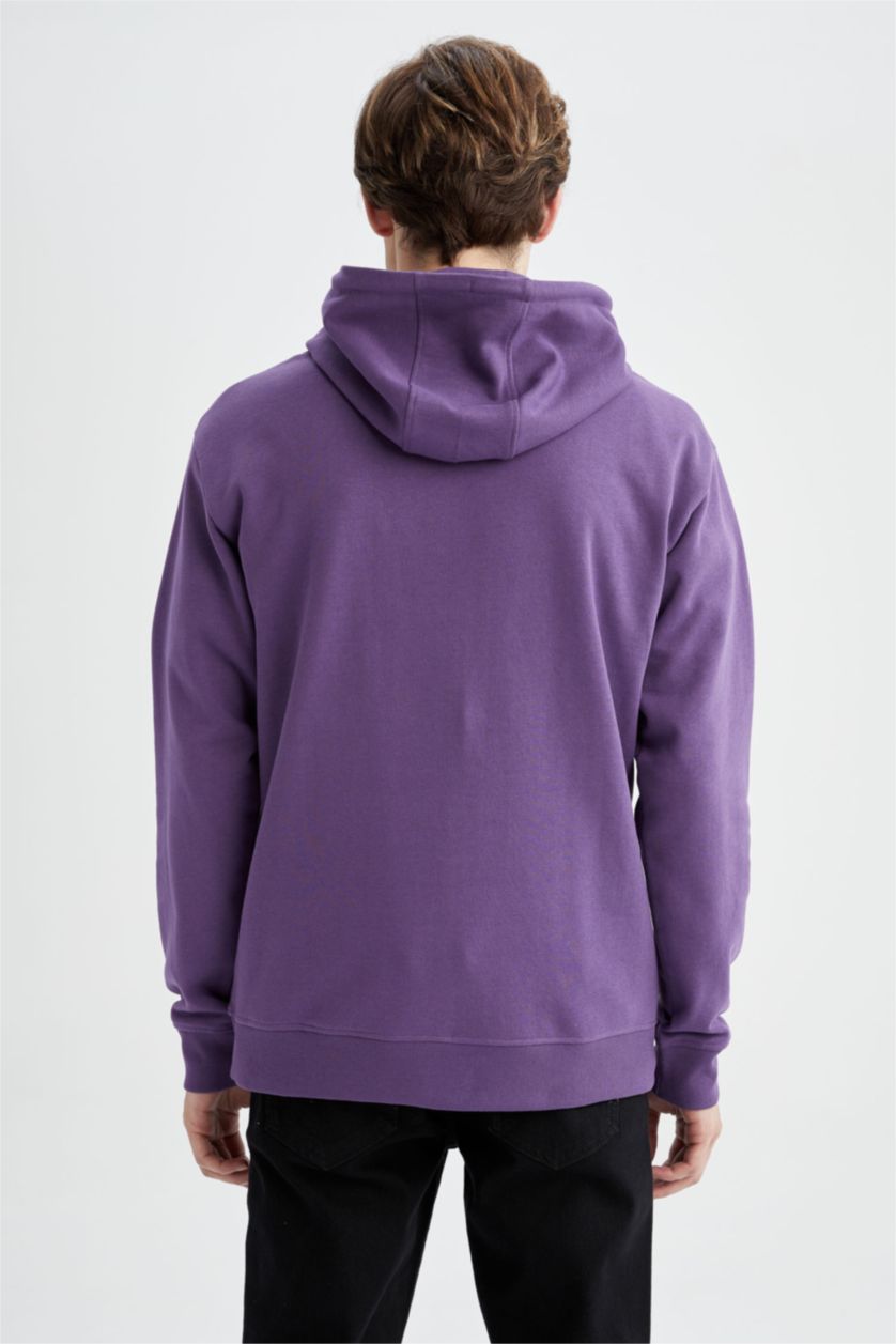 رجالي زهري سويت شيرت بقصة عادية بغطاء للرأس بريش ناعم من الداخل