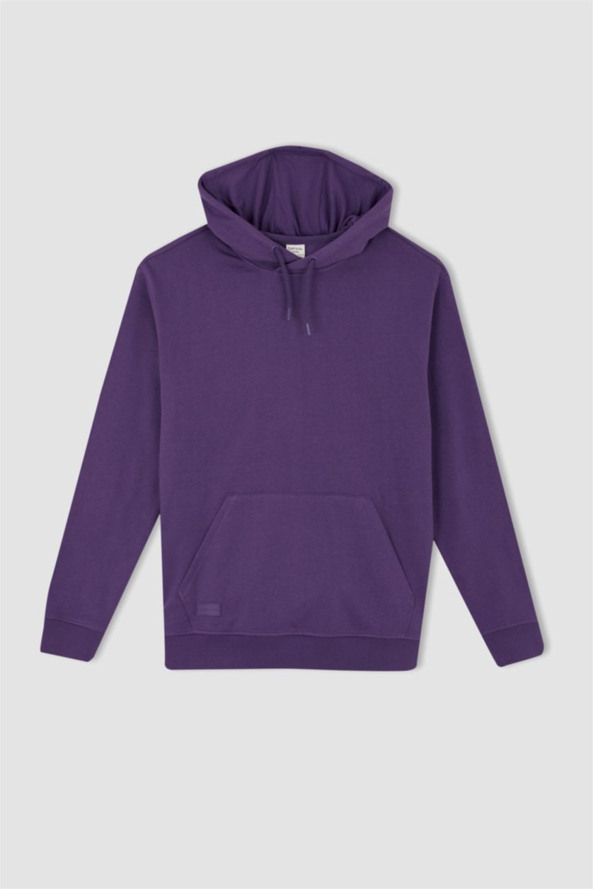 رجالي زهري سويت شيرت بقصة عادية بغطاء للرأس بريش ناعم من الداخل