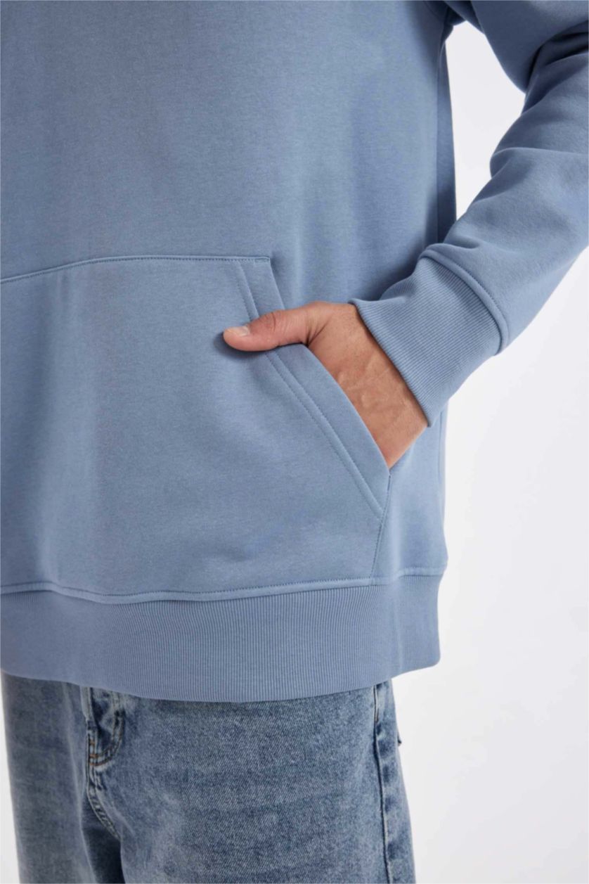 رجالي أزرق هودي بيزك قصة عادية وبطانة ناعمة