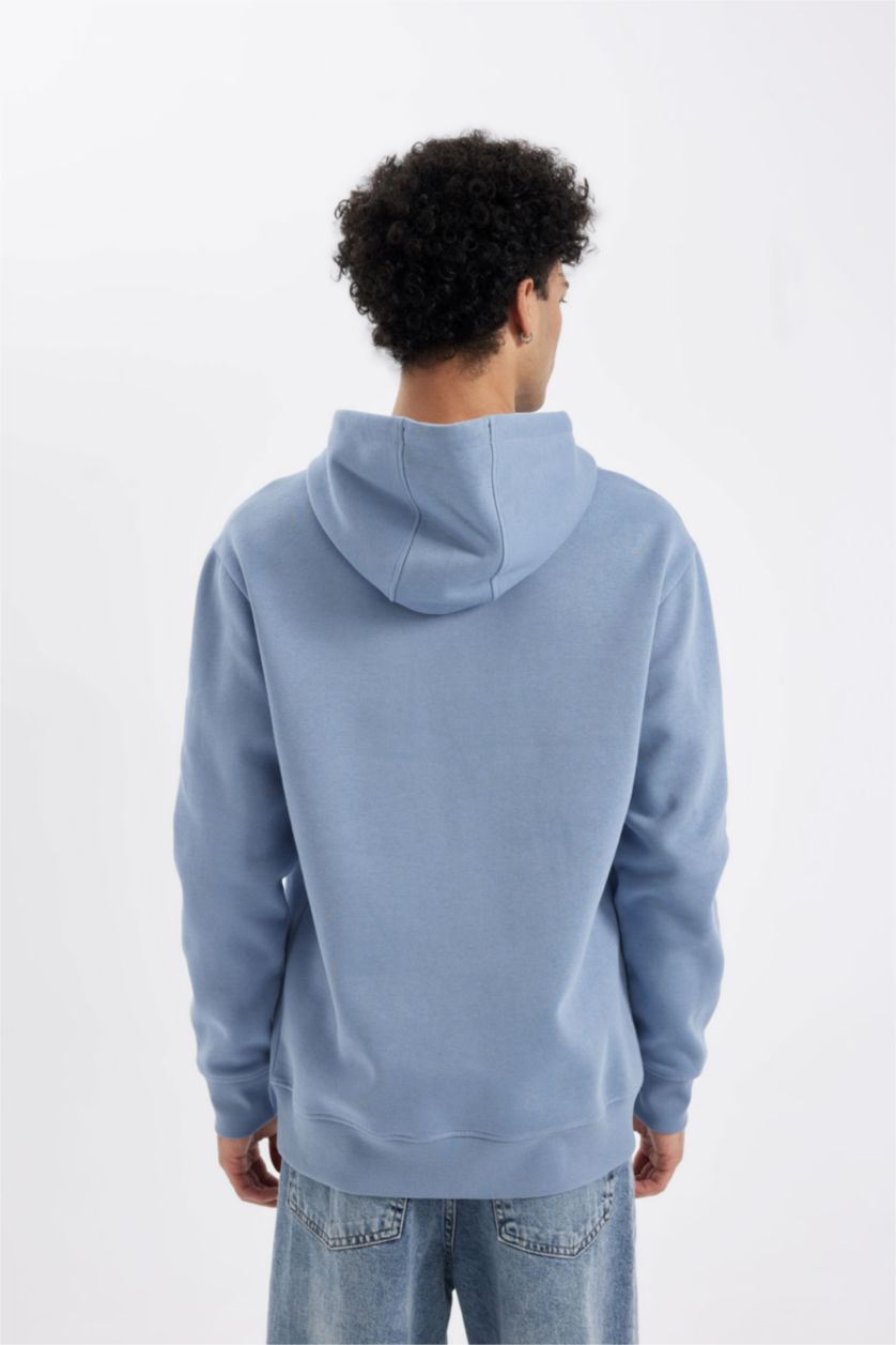 رجالي أزرق هودي بيزك قصة عادية وبطانة ناعمة