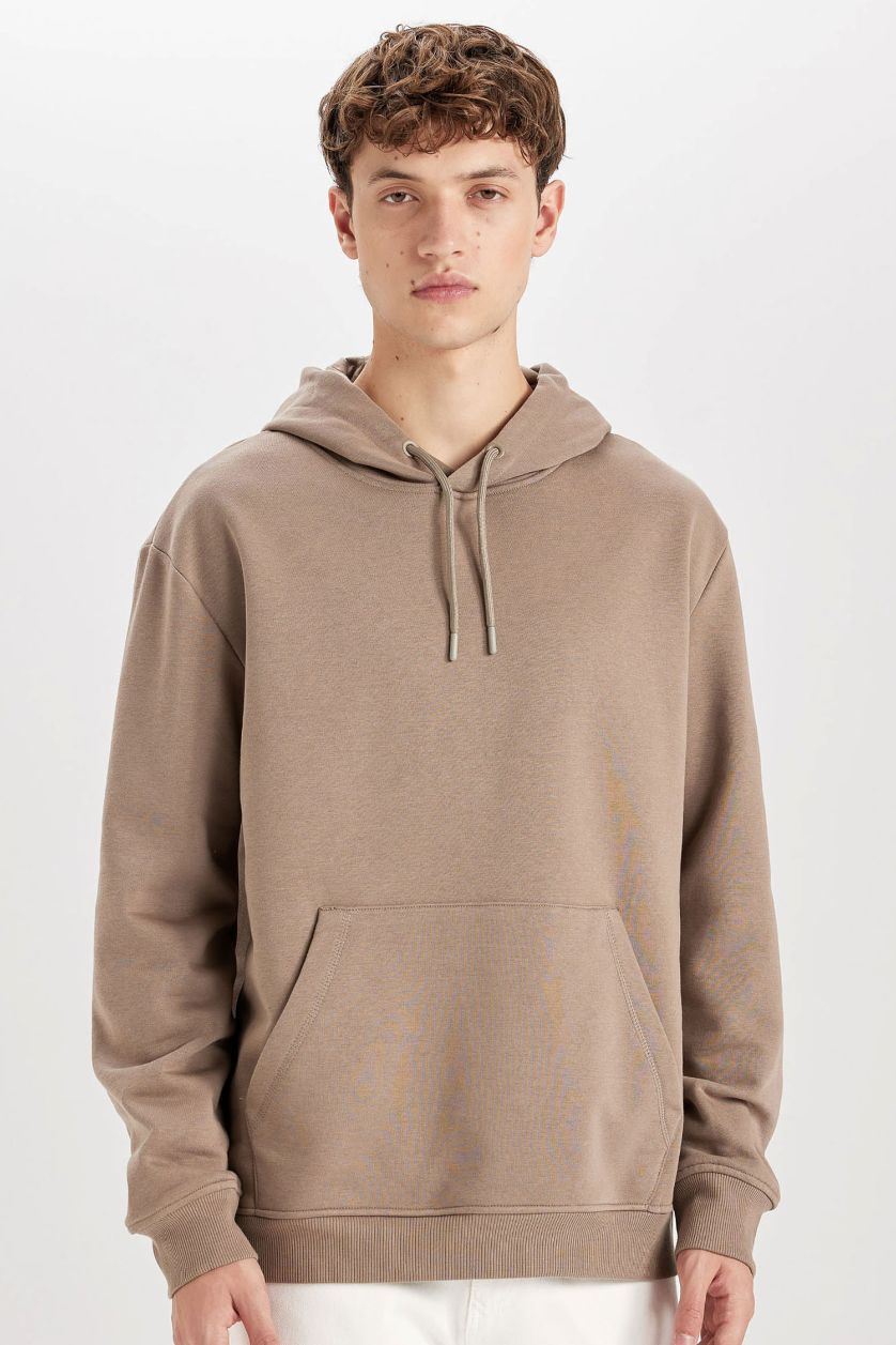 Erkek Vizon Regular Fit Kapüşonlu Kanguru Cepli İçi Yumuşak Tüylü Basic Düz Sweatshirt