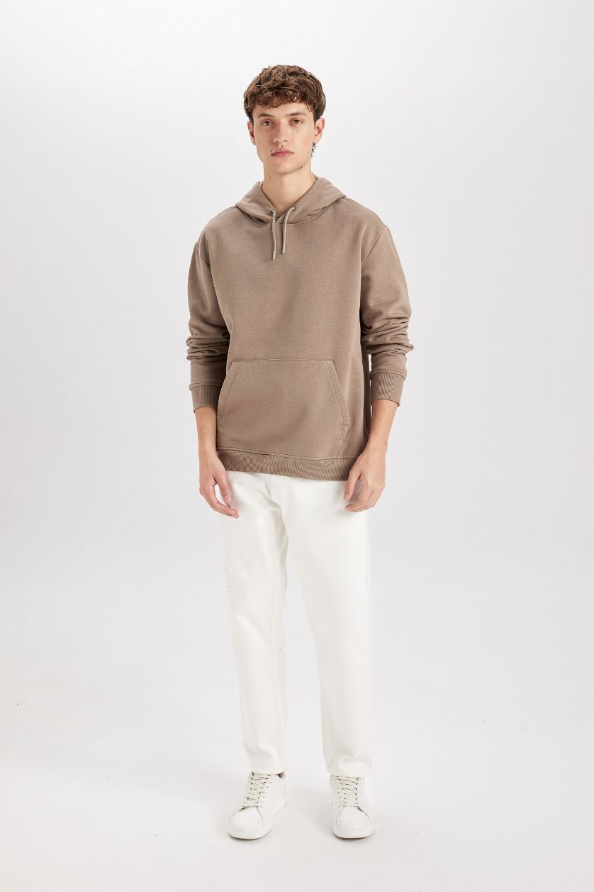 Erkek Vizon Regular Fit Kapüşonlu Kanguru Cepli İçi Yumuşak Tüylü Basic Düz Sweatshirt