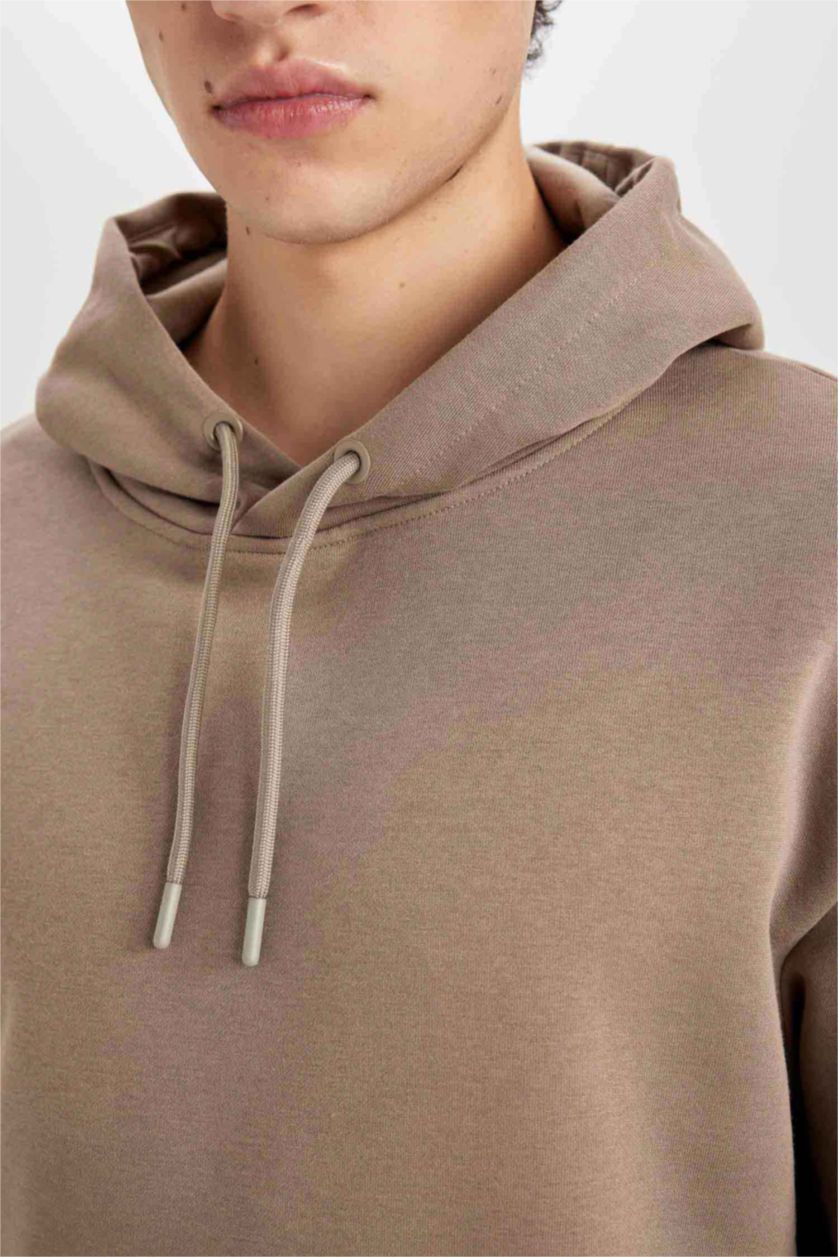 Erkek Vizon Regular Fit Kapüşonlu Kanguru Cepli İçi Yumuşak Tüylü Basic Düz Sweatshirt