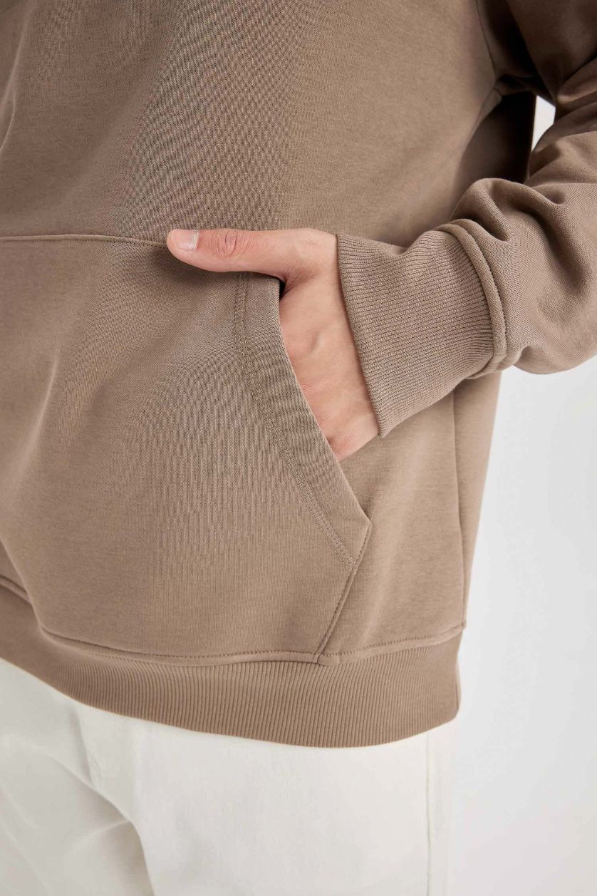 Erkek Vizon Regular Fit Kapüşonlu Kanguru Cepli İçi Yumuşak Tüylü Basic Düz Sweatshirt