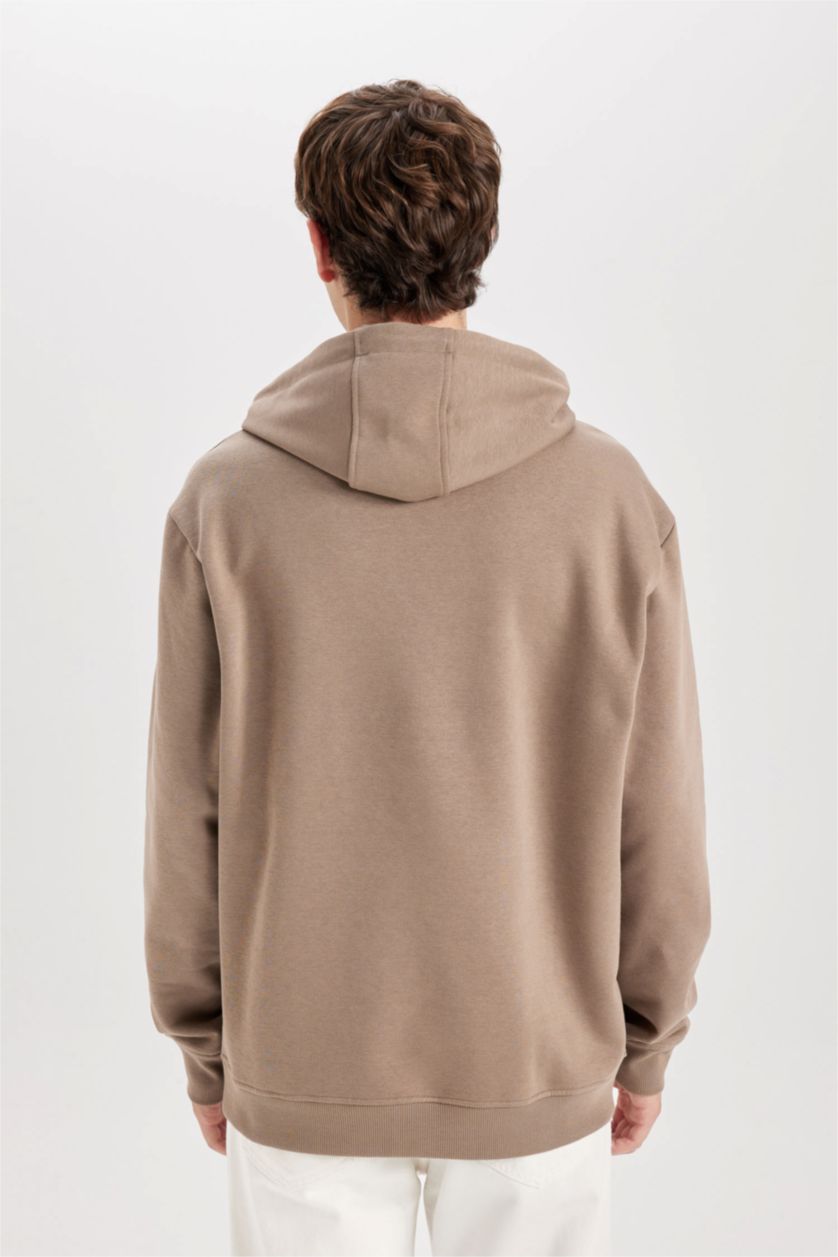 Erkek Vizon Regular Fit Kapüşonlu Kanguru Cepli İçi Yumuşak Tüylü Basic Düz Sweatshirt