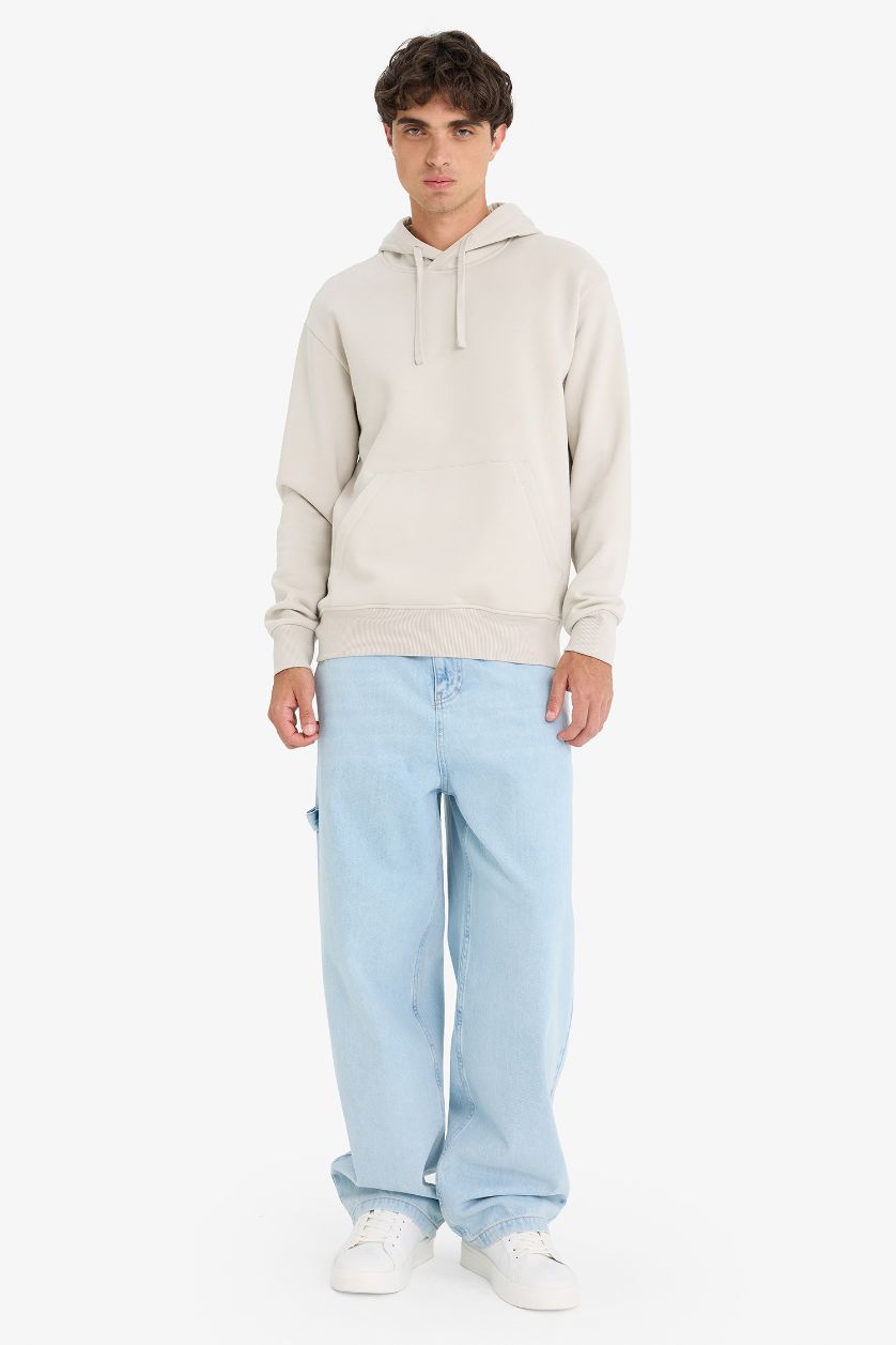 رجالي اللون الحجري سويت شيرت بيزك سادة قصة عادية بكابيشون بجيب وبطانة ناعمة