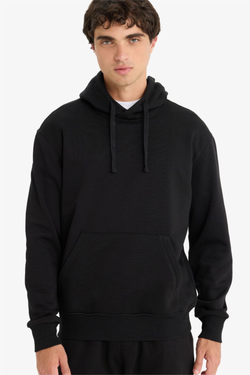 Erkek Siyah Regular Fit Kapüşonlu İçi Yumuşak Tüylü Kanguru Cepli Basic Düz Sweatshirt