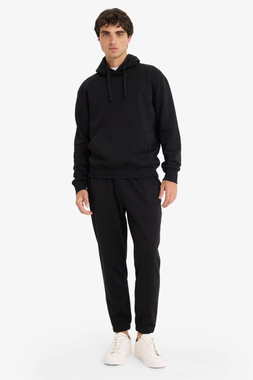 Erkek Siyah Regular Fit Kapüşonlu İçi Yumuşak Tüylü Kanguru Cepli Basic Düz Sweatshirt