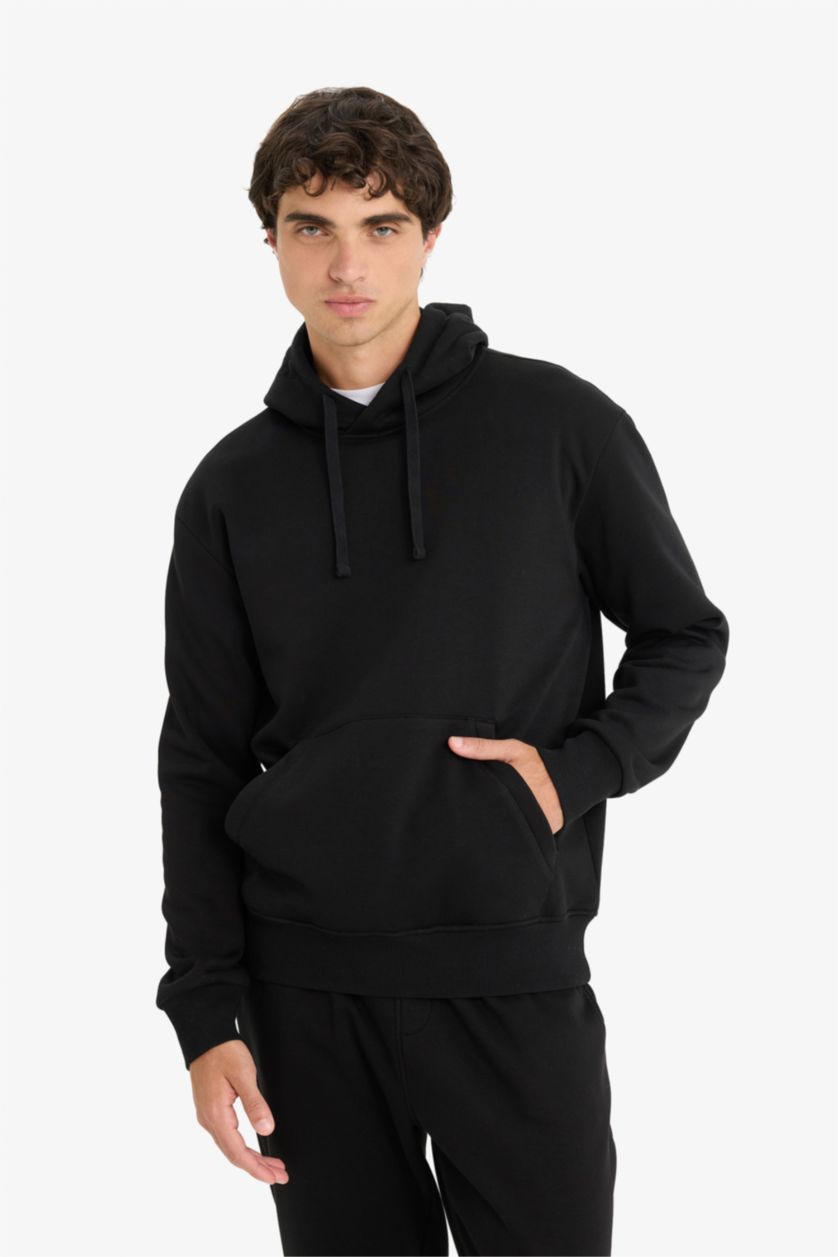 Erkek Siyah Regular Fit Kapüşonlu İçi Yumuşak Tüylü Kanguru Cepli Basic Düz Sweatshirt