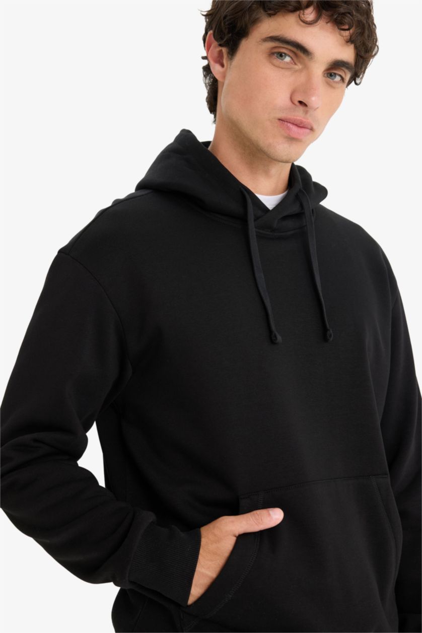 Erkek Siyah Regular Fit Kapüşonlu İçi Yumuşak Tüylü Kanguru Cepli Basic Düz Sweatshirt